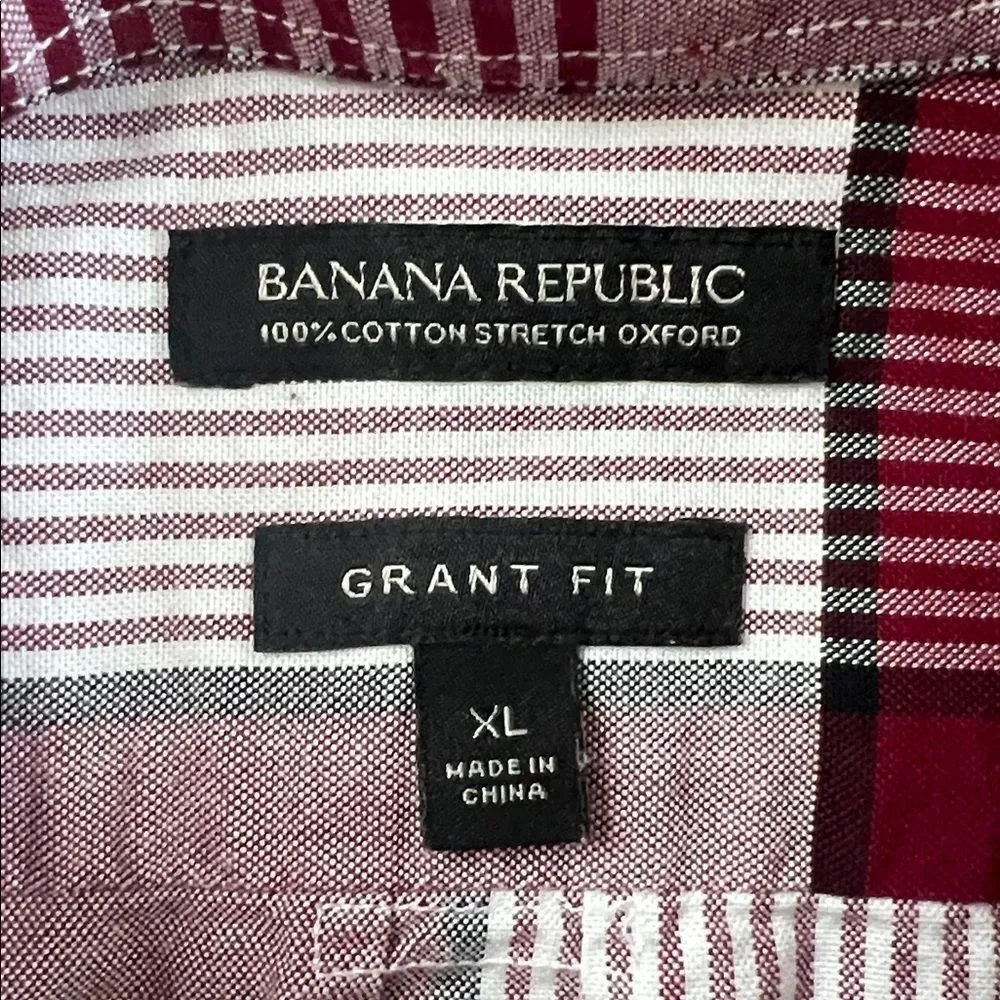 Banana Republic Grant Fit Stretch Oxford Button Down Red Plaid Size XL